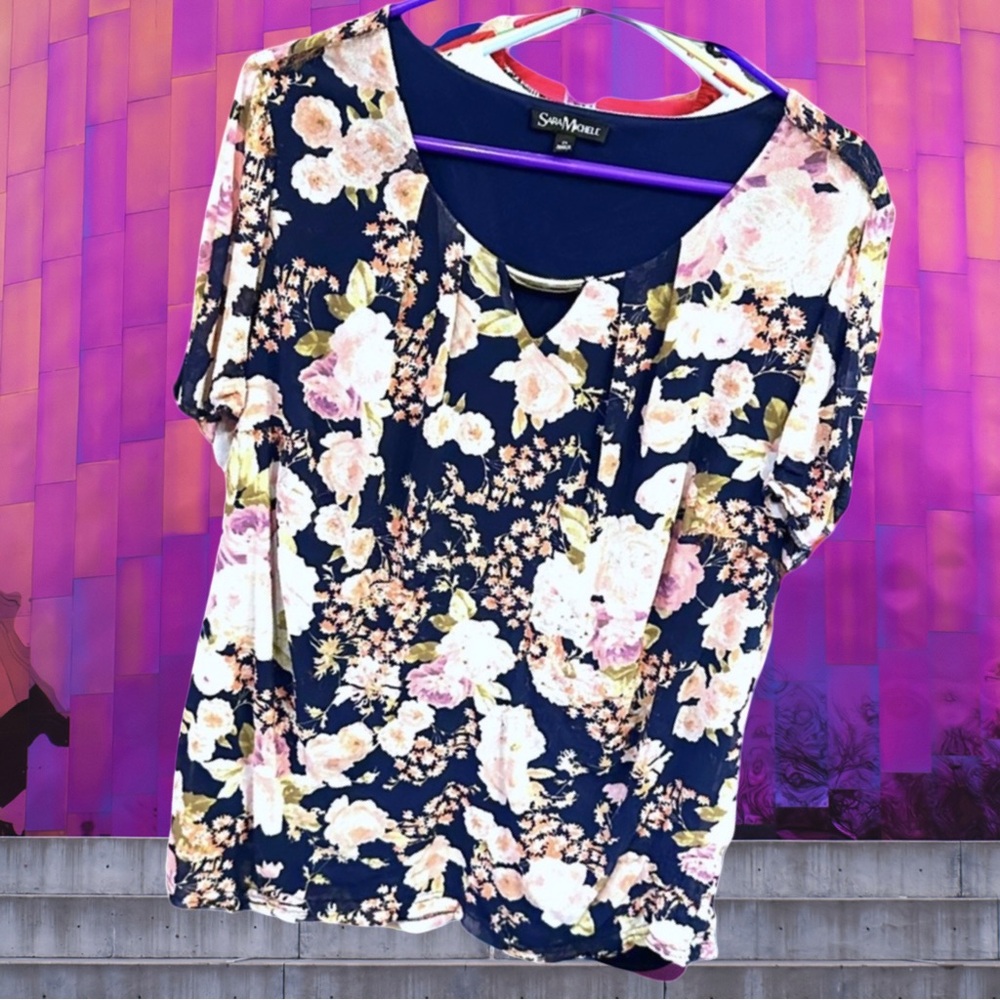 Sara Michelle Navy Floral Short Sleeve Top with Pink and Cream Blooms